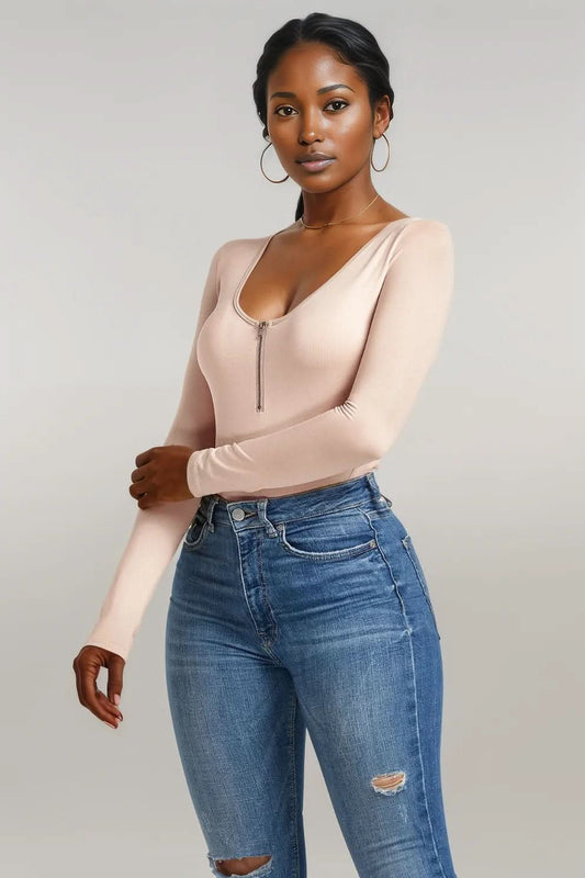 Half Zip Scoop Neck Long Sleeve Bodysuit Beige