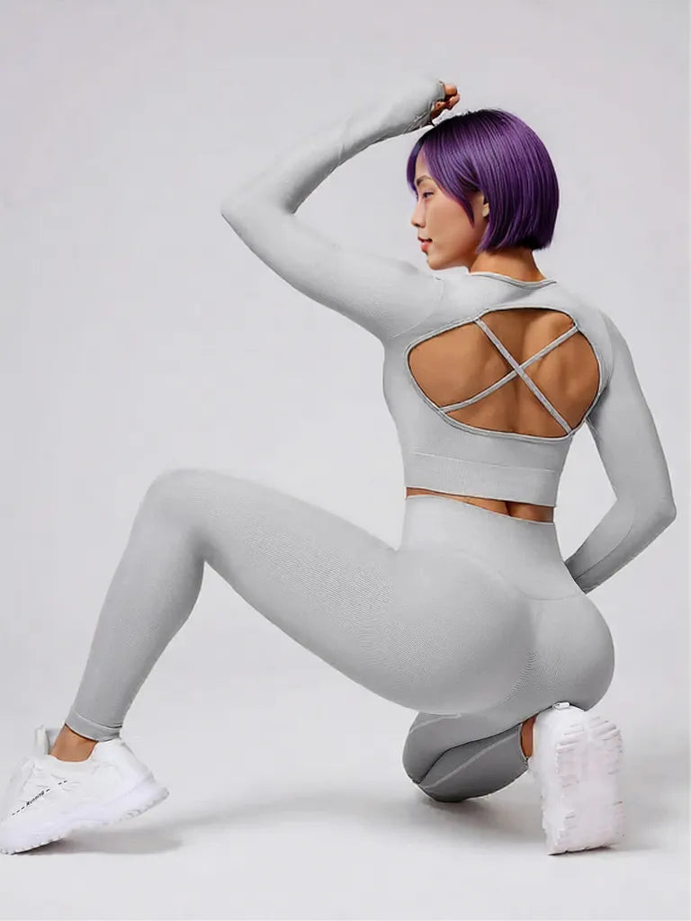 Back Crisscross Round Neck Long Sleeve Top and Leggings Active Set