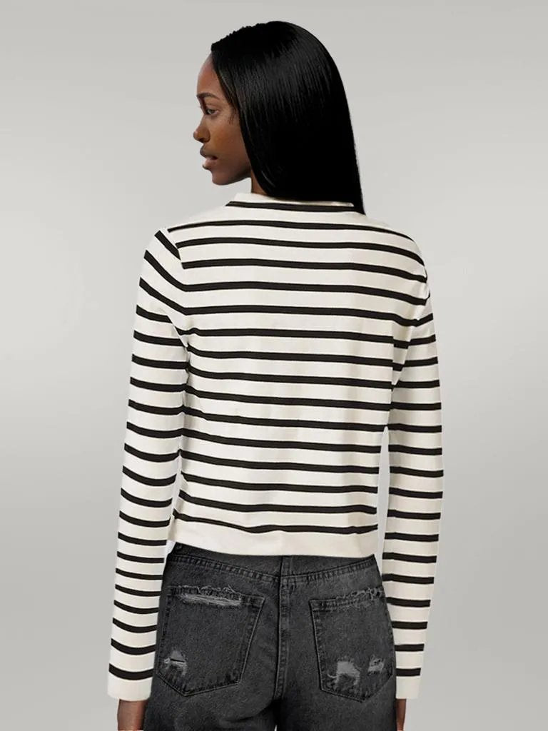 Striped Round Neck Button Up Long Sleeve Cardigan