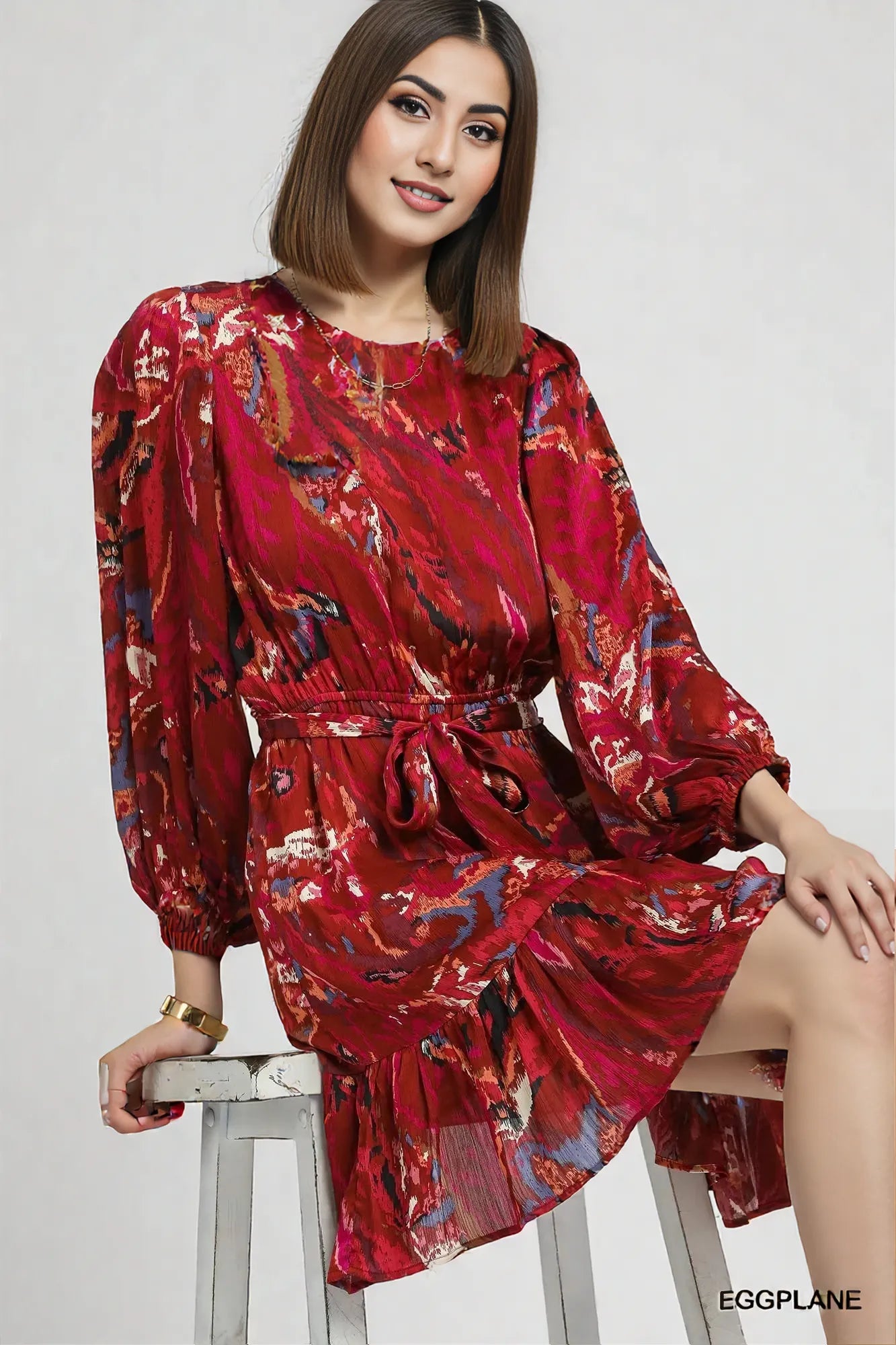 Umgee Ruffled Hem Printed Balloon Sleeve Dress