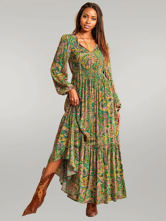 Printed Tie Neck Long Sleeve Dress Matcha Green