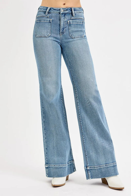 RISEN Full Size High Rise Wide Flare Patch Pocket Jeans MEDIUM