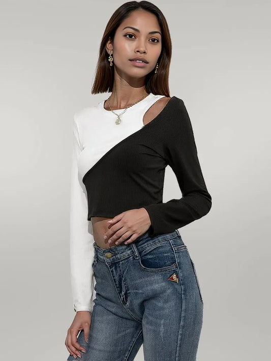 Ivy Lane Cropped Contrast Color Round Neck Short Sleeve Tee Black