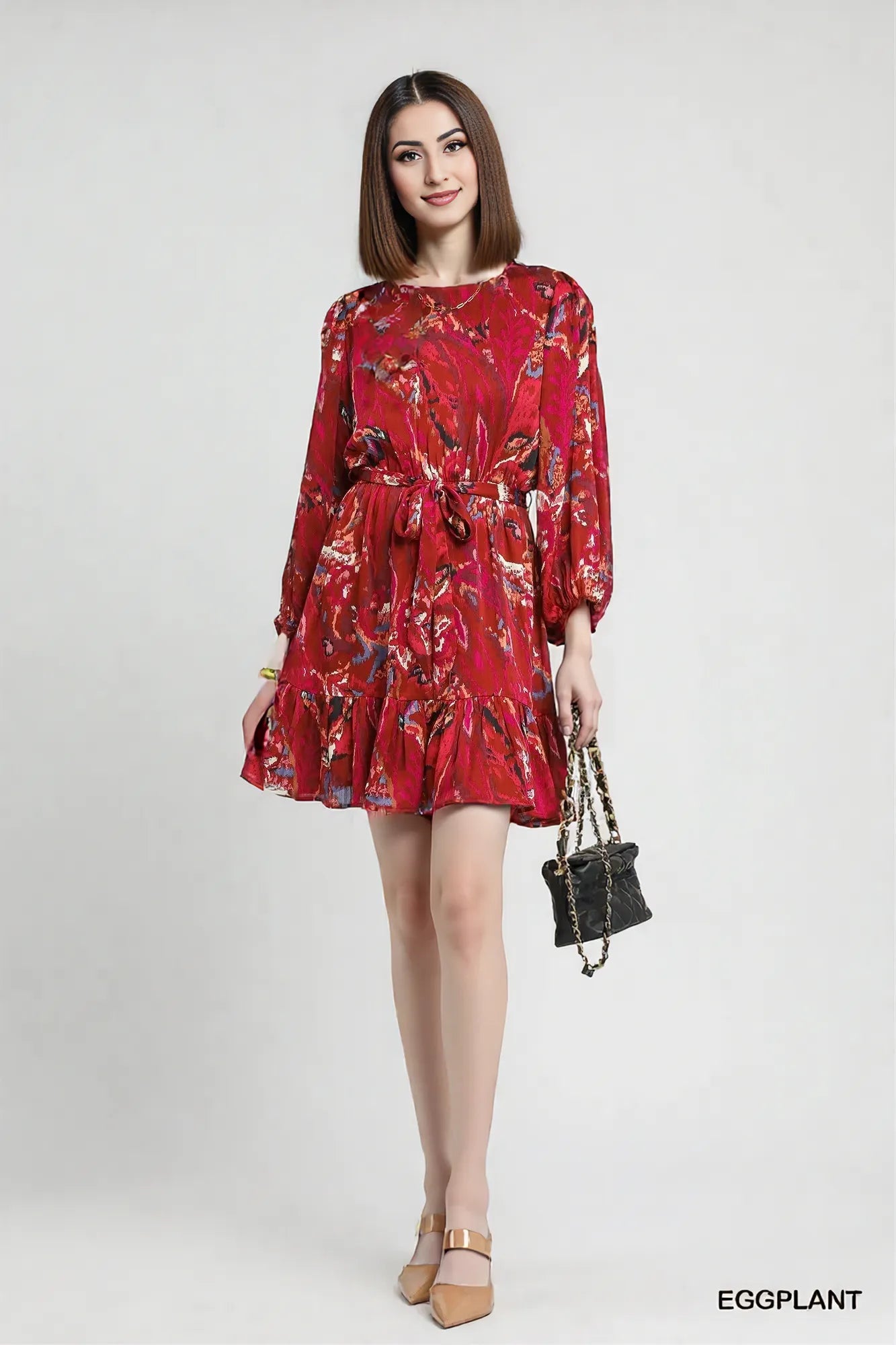 Umgee Ruffled Hem Printed Balloon Sleeve Dress