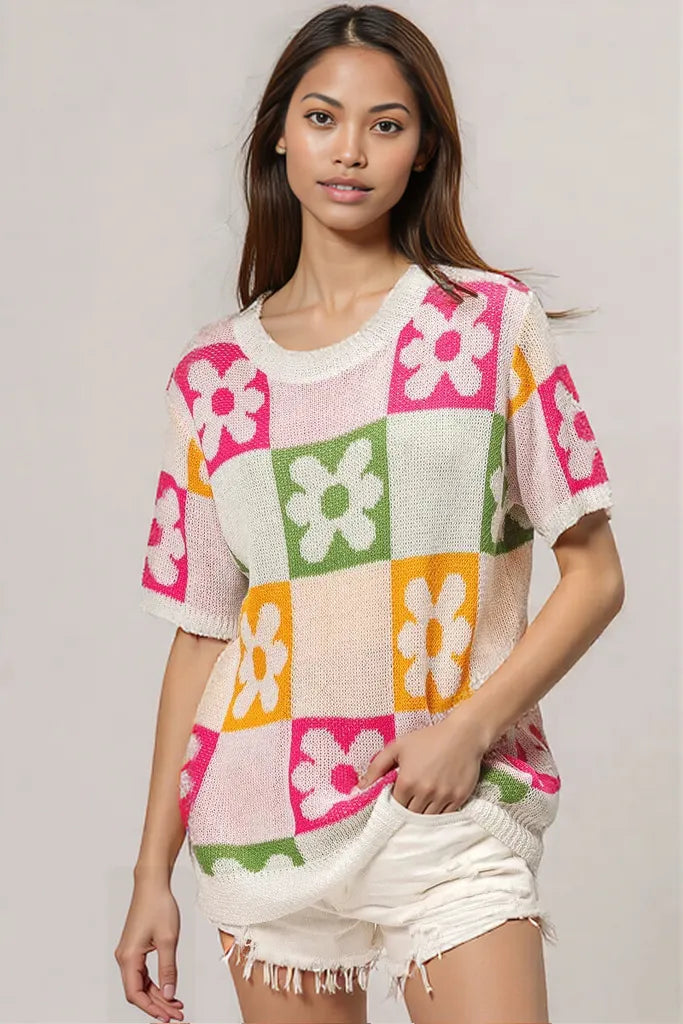 BiBi Flower Checker Pattern Lightweight Sweater Top