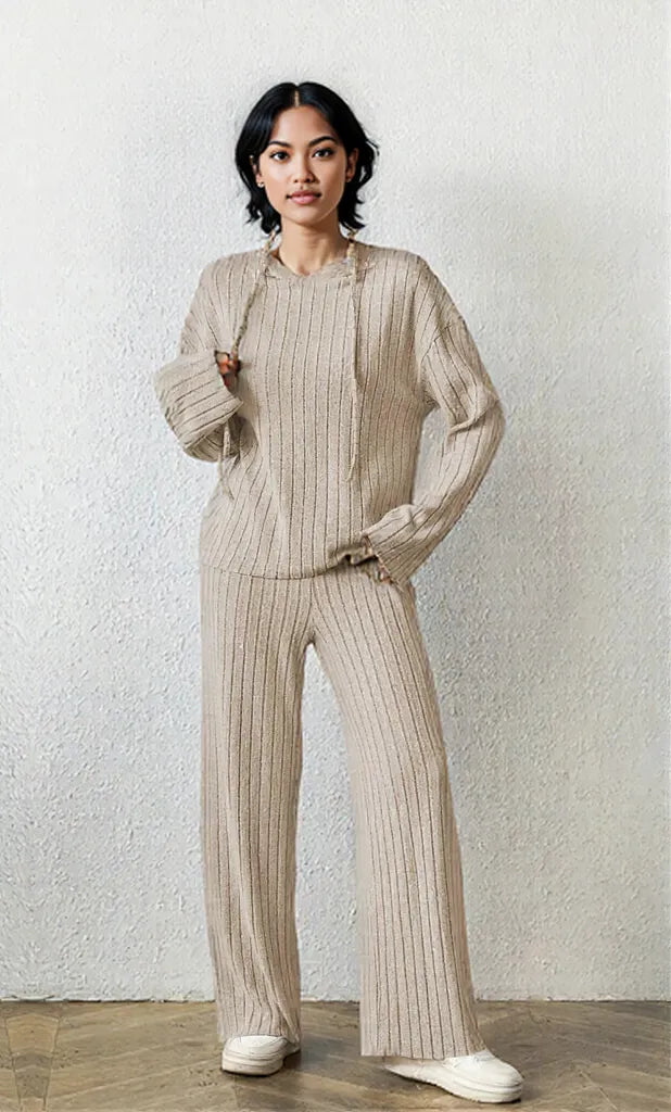 Ribbed Drawstring Hoodie and Pants Set Gray