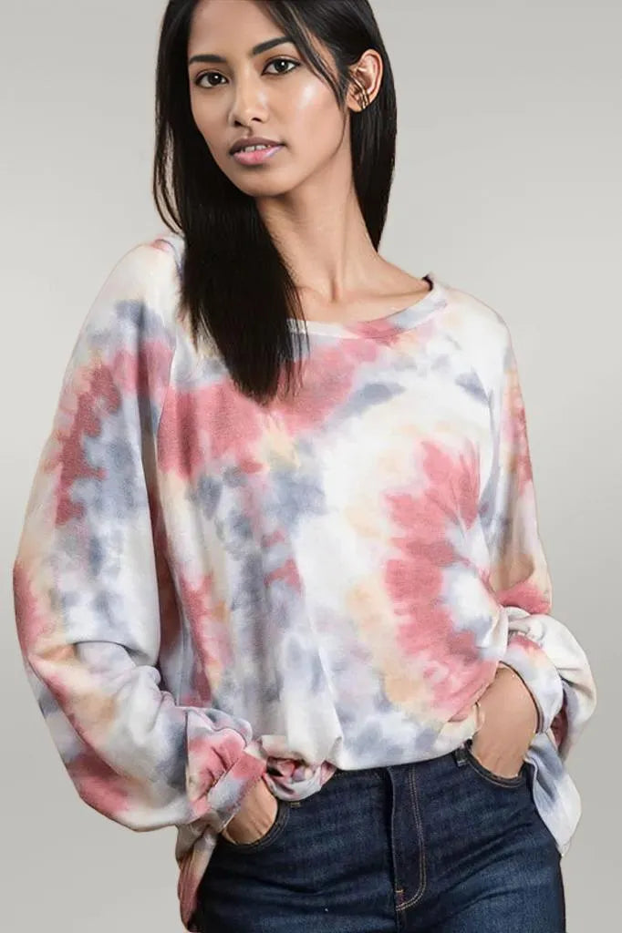 BiBi Tie Dye Print Terry Top With Puff Sleeves RUST MULTI
