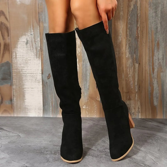 Point Toe Block Heels Boots Black