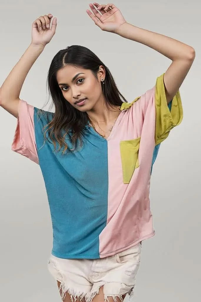 BiBi Slinky Knit Color Block V Neck Front Top