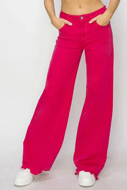 RISEN High Rise Wide Leg Jeans Fuchsia