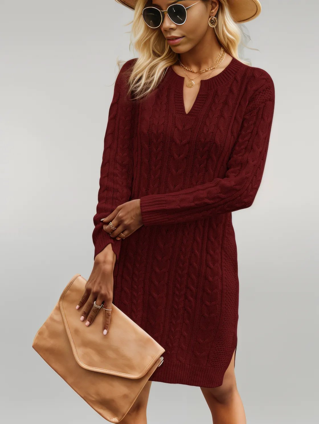 Notched Neck Cable-Knit Slit Sweater Dress