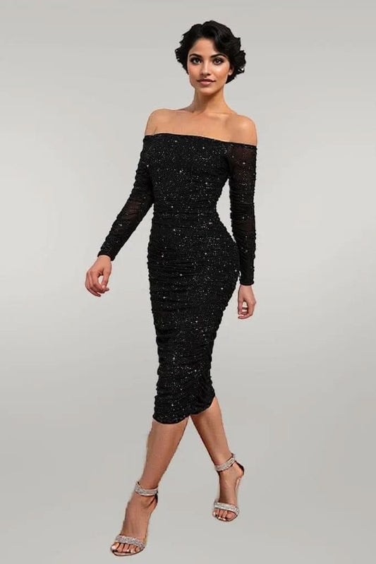 Long Sleeve Off-Shoulder Ruched Dress Black