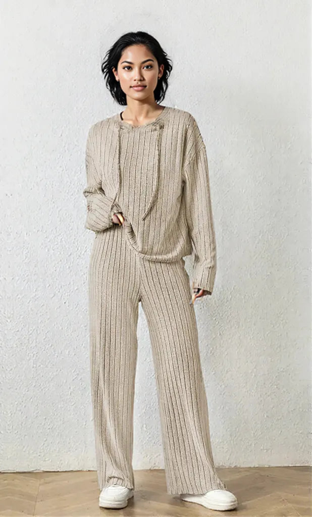Ribbed Drawstring Hoodie and Pants Set