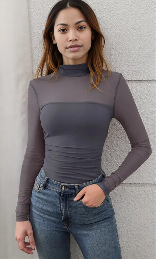 Mock Neck Long Sleeve Top Gray Blue