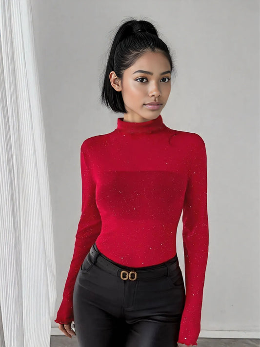 Glitter Long Sleeve Fitted Top Red