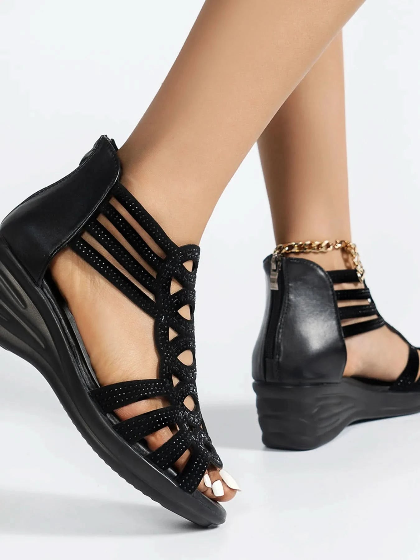 Strappy Wedge Sandals with Rhinestone Details