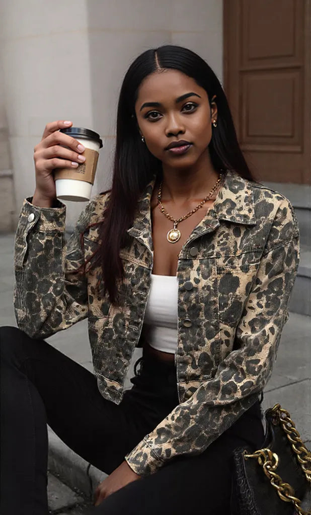 Leopard Button Up Cropped Denim Jacket