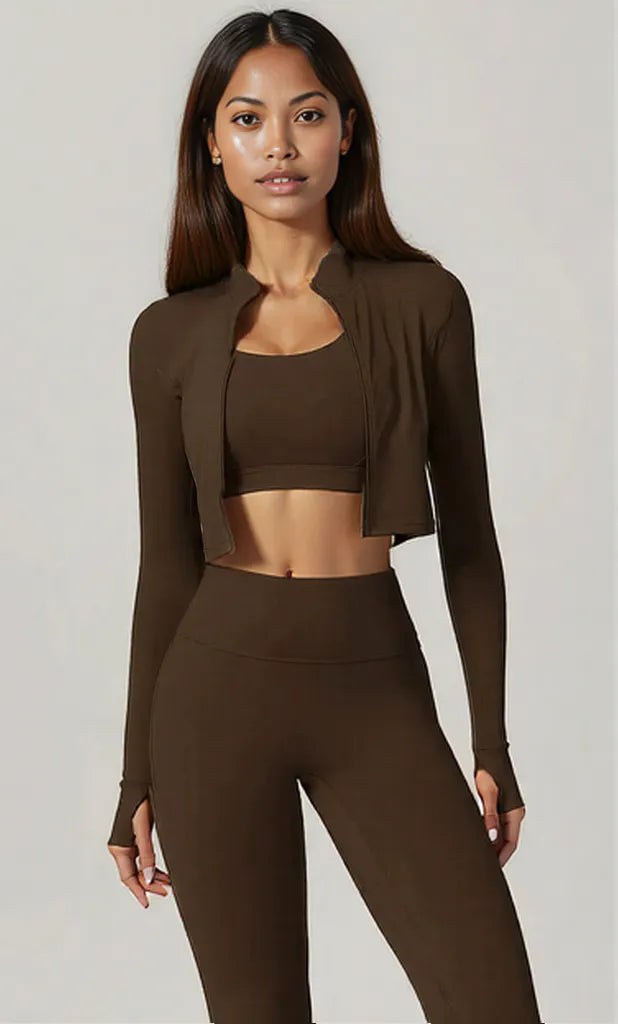 Bra Outerwear and Leggings 3-Piece Active Set Dark Brown