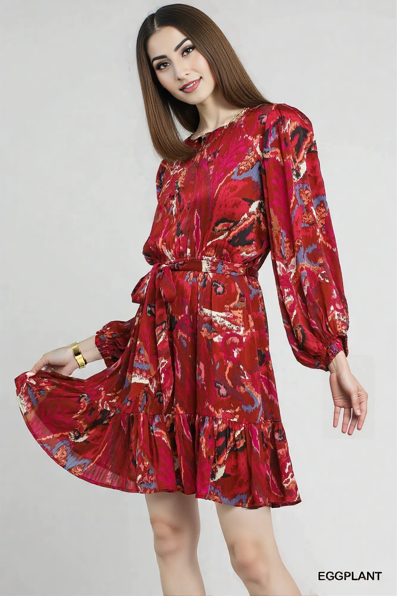 Umgee Ruffled Hem Printed Balloon Sleeve Dress