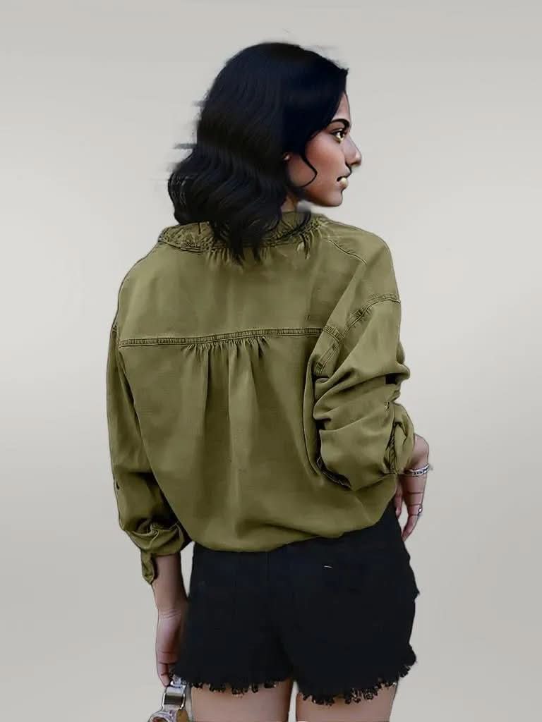 Drawstring Pocketed Button Up Denim Top