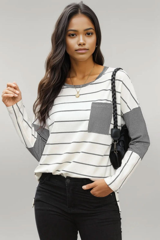 Pocketed Striped Round Neck T-Shirt White