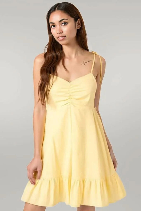 Mittoshop Ruched Detail Spaghetti Tie Mini Dress YELLOW