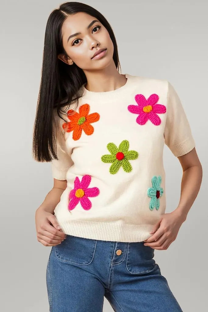 BiBi Crochet Flower Patch Sweater Top