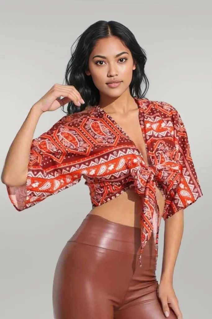 Printed Tie Front Cropped Dolman Sleeve Blouse