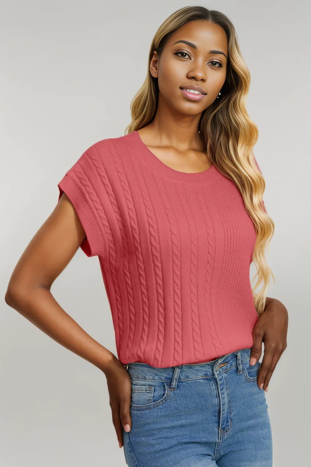 Double Take Full Size Cable-Knit Round Neck Short Sleeve Sweater Strawberry
