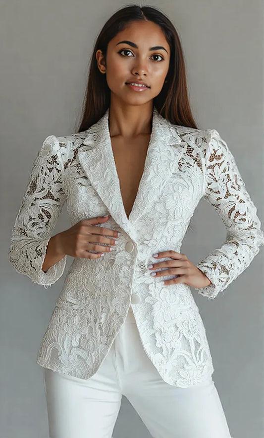 Floral Pattern Lace Single-Breasted Blazer White
