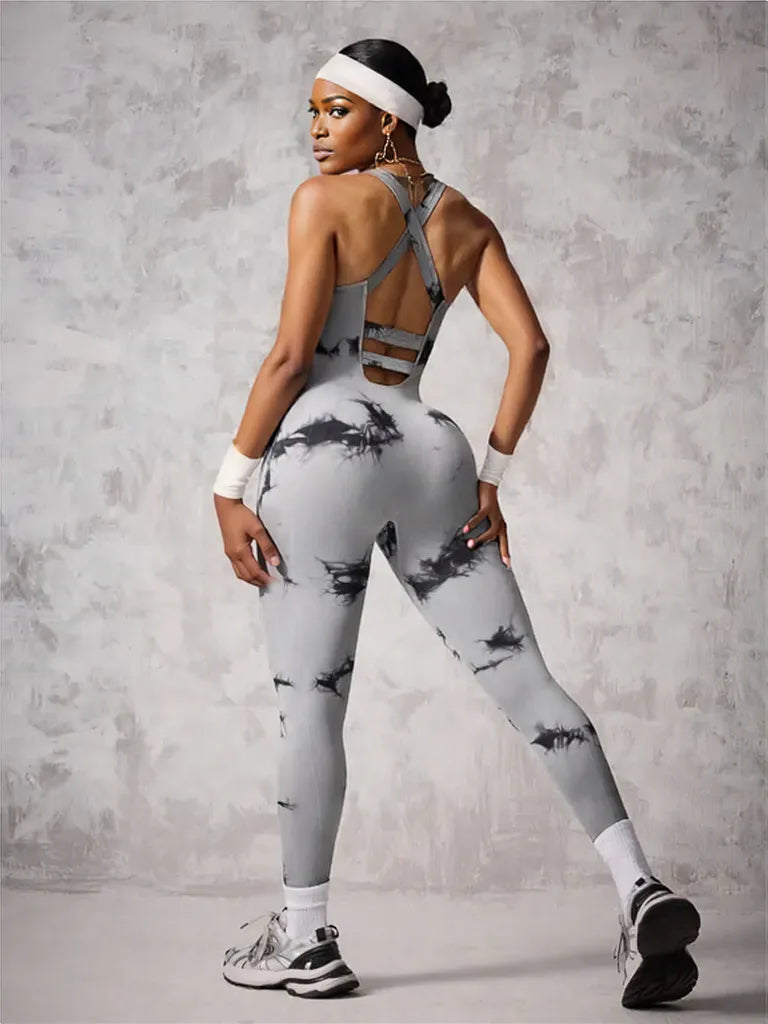 Back Crisscross Tie-Dye Scoop Neck Active Jumpsuit
