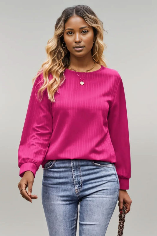 Round Neck Long Sleeve Tee Hot Pink