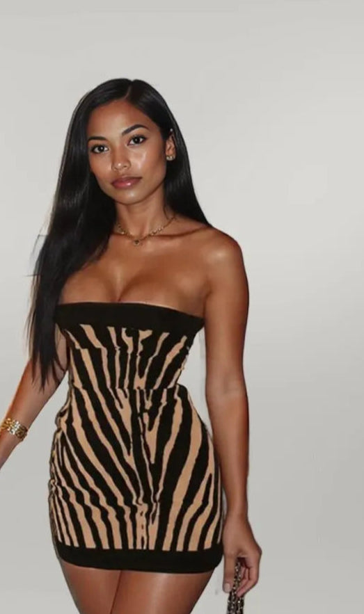 Sexy Zebra Print Bandeau Backless A-Line Mini Dress Black