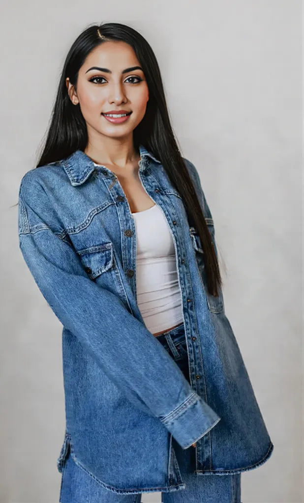Snap Down Dropped Shoulder Denim Jacket Dark Blue