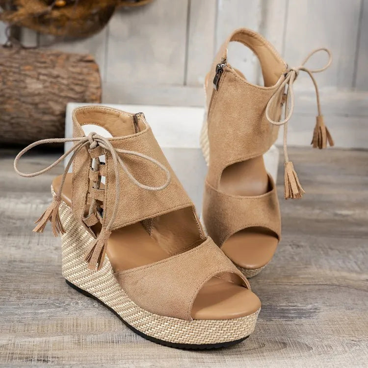 Peep Toe Wedge Sandals Khaki