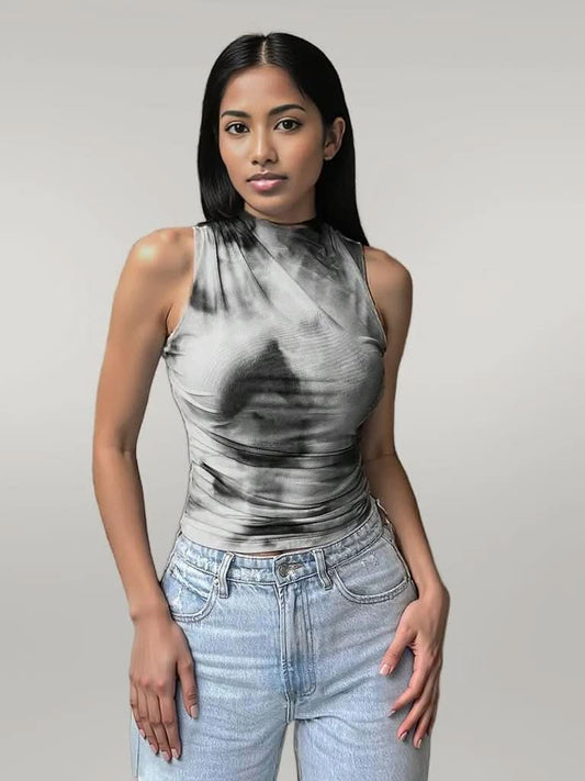 Printed Mock Neck Ruched Tank Gray
