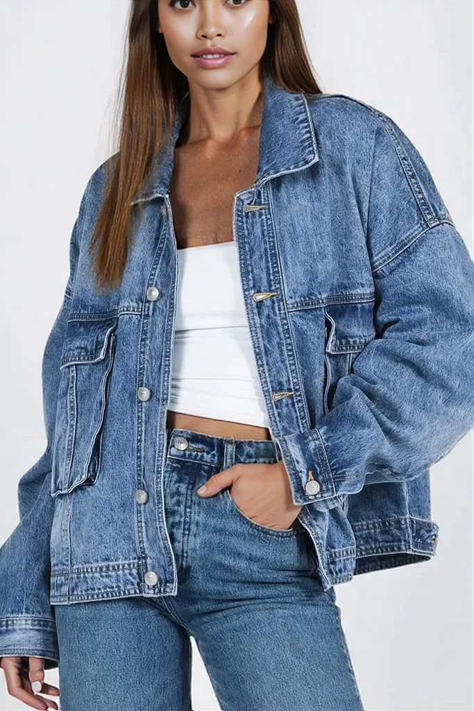 Collared Neck Button Up Denim Jacket Sky Blue