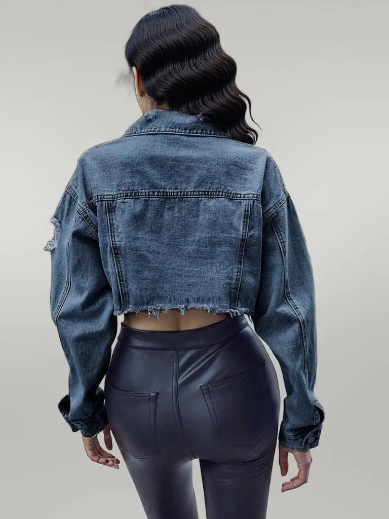 Distressed Raw Hem Cropped Denim Jacket