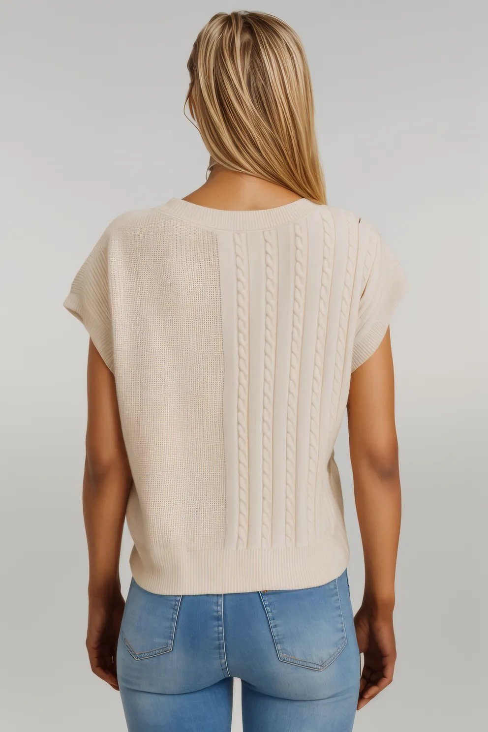 Double Take Full Size Cable-Knit Round Neck Short Sleeve Sweater