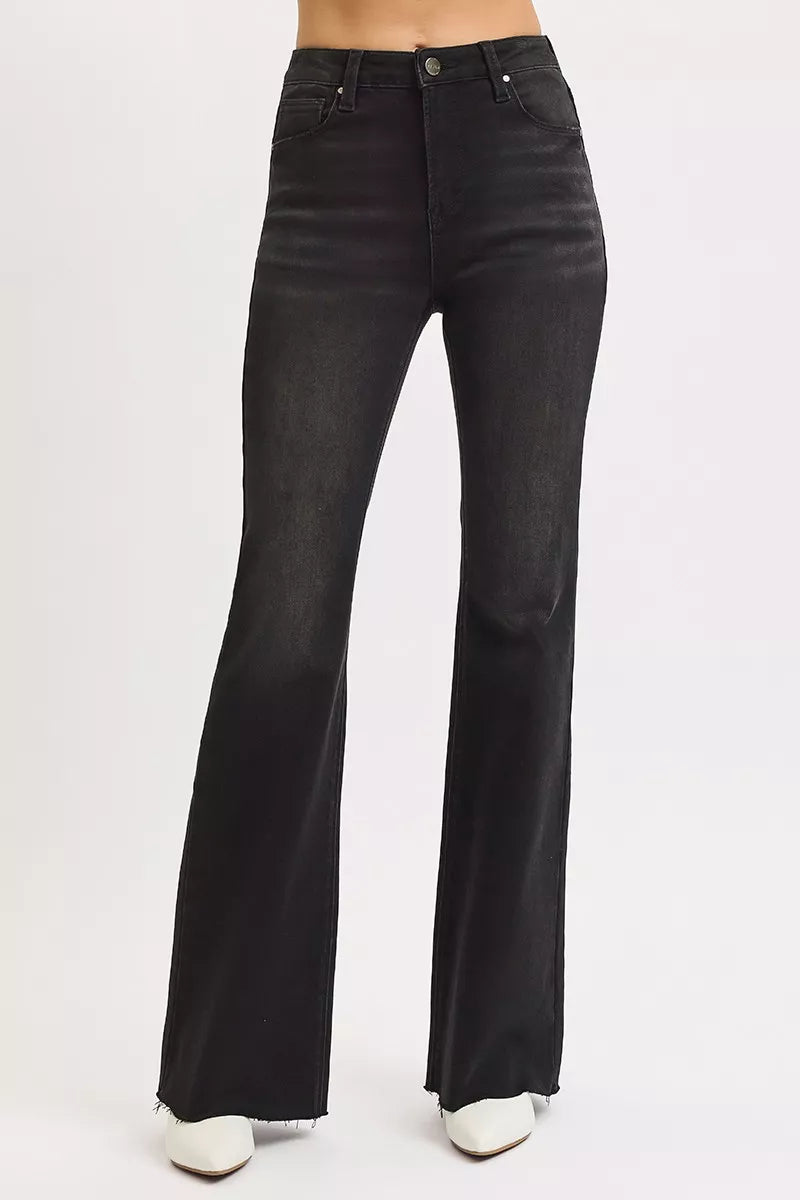 RISEN Full Size High Rise Flare Raw Cut Hem Jeans Plus Size BLACK