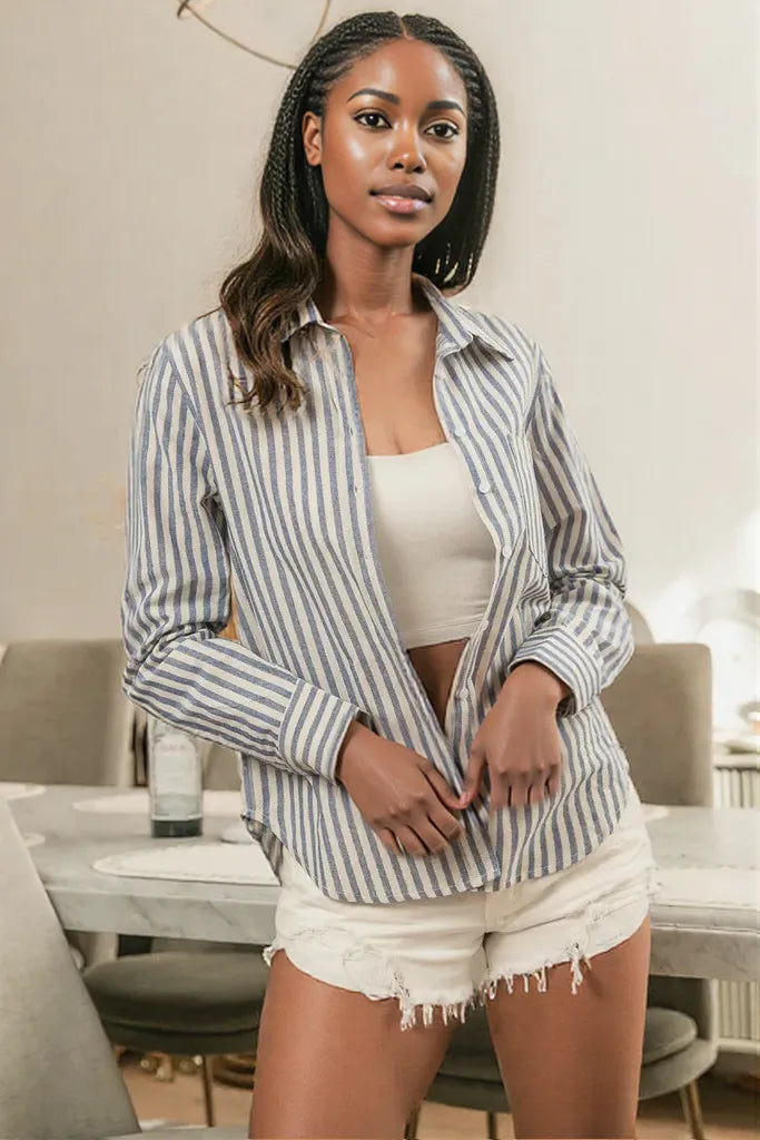 BiBi Lurex Linen Stripe Shirt Button Down Top