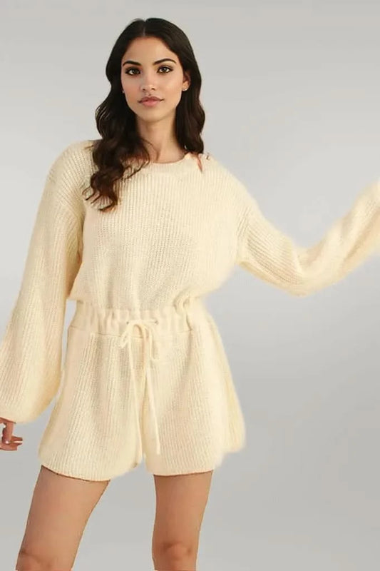 MABLE Round Neck Long Sleeve Sweater Romper Cream