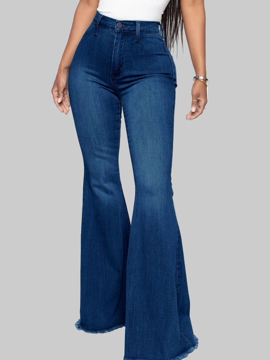 Full Size High-Waisted Raw Hem Flare Jeans Dark Blue