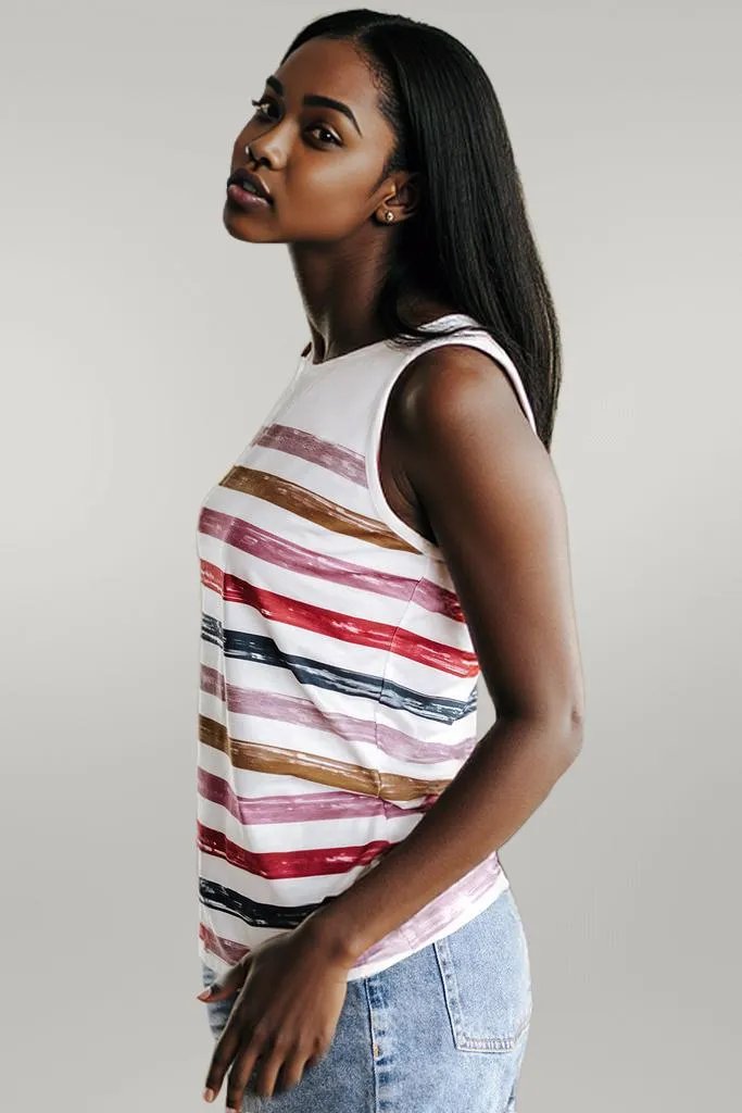Red Stripe Rainbow Round Neck Tank Top