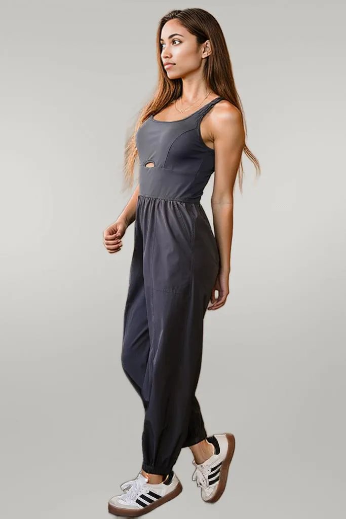 Carbon Grey Back Crossed Straps Hollow Out Jogger Jumpsuit