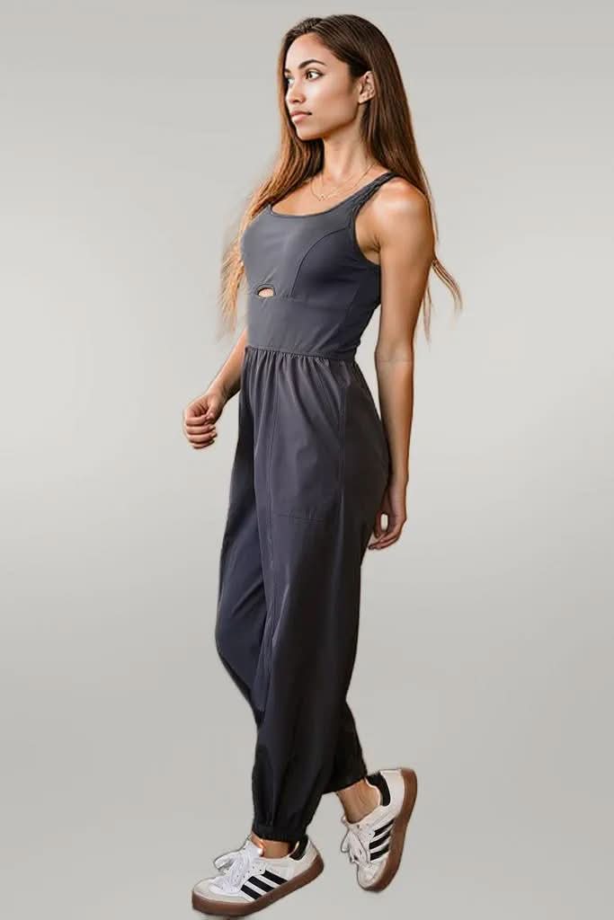Carbon Grey Back Crossed Straps Hollow Out Jogger Jumpsuit