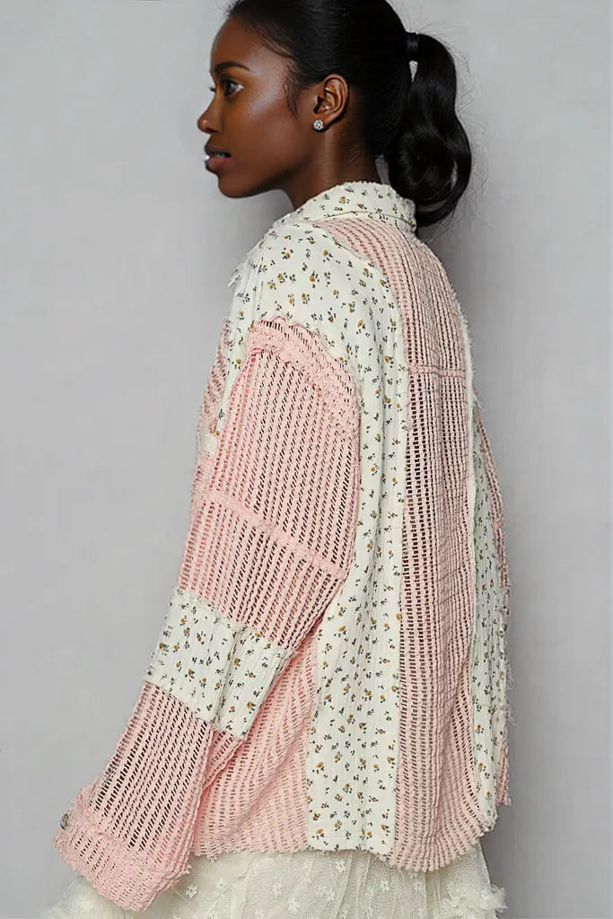 POL Floral Crochet Patchwork Long Sleeve Shirt