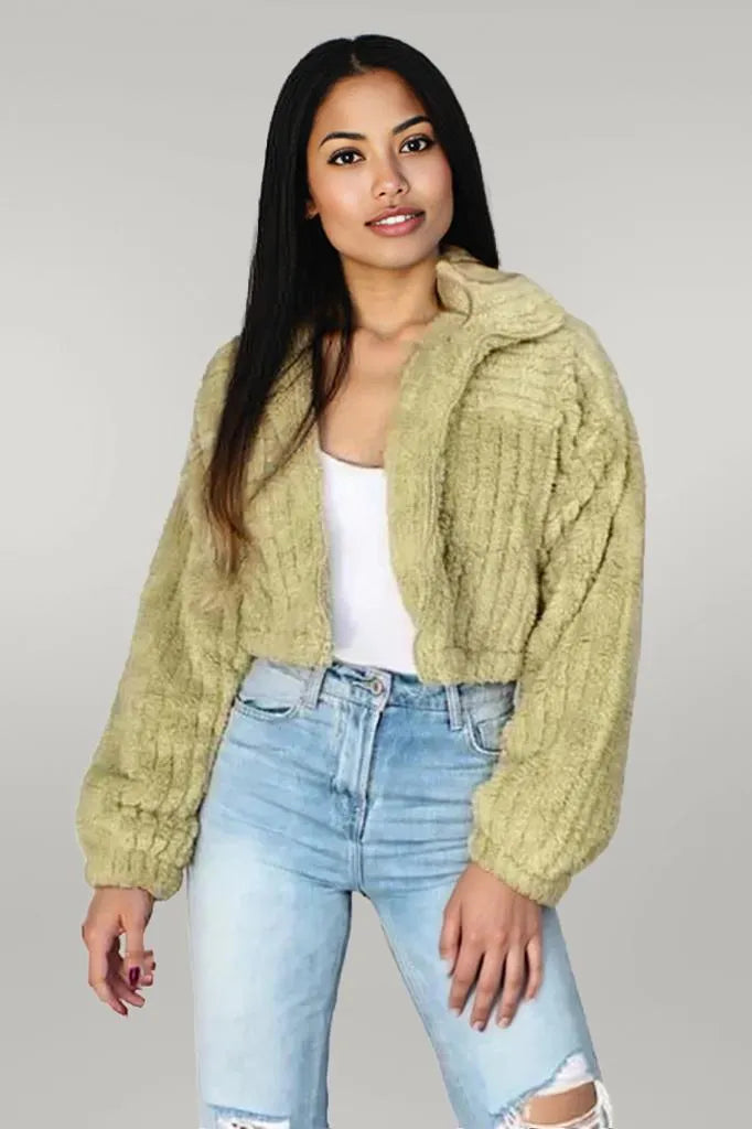 Long Sleeve Zip Up High Collar Cropped Fleece Jacket