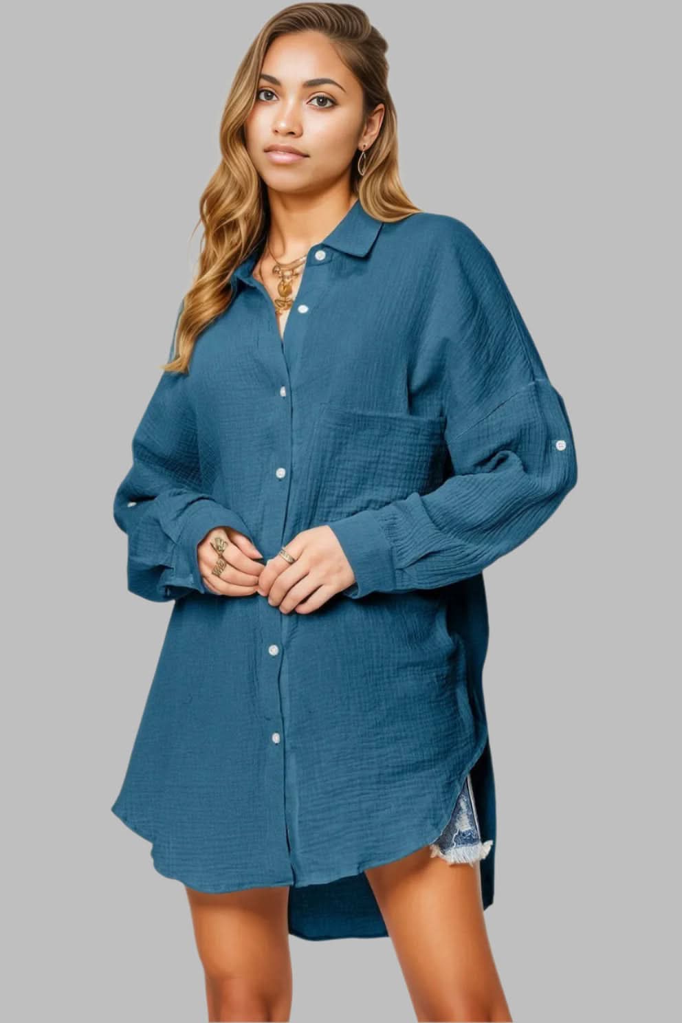 Double Take Full Size Pocketed Texture Button Up Shirt Dark Blue