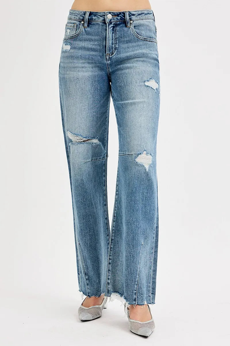 RISEN Full Size Mid Rise Fit Wide Baggy Leg Tie Washed Jeans